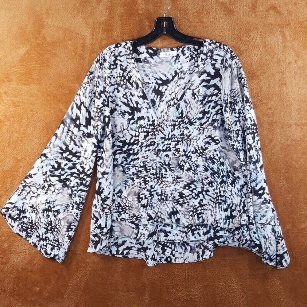PARKER Womens Top Small Black White Pullover VNeck Flowy Abstract Wide Sleeve